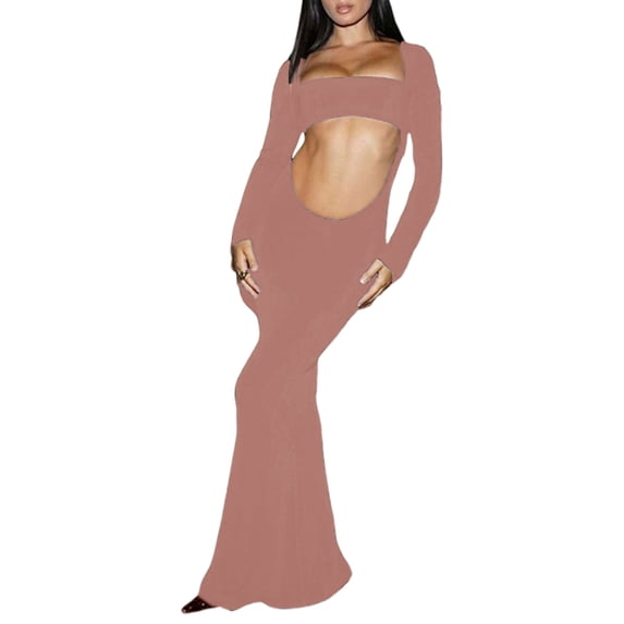 Licupiee Women Hollow Bodycon Dress Solid LowCut Long Sleeve Backless Show Belly Square Neck Fishtail Long Cocktail Dress