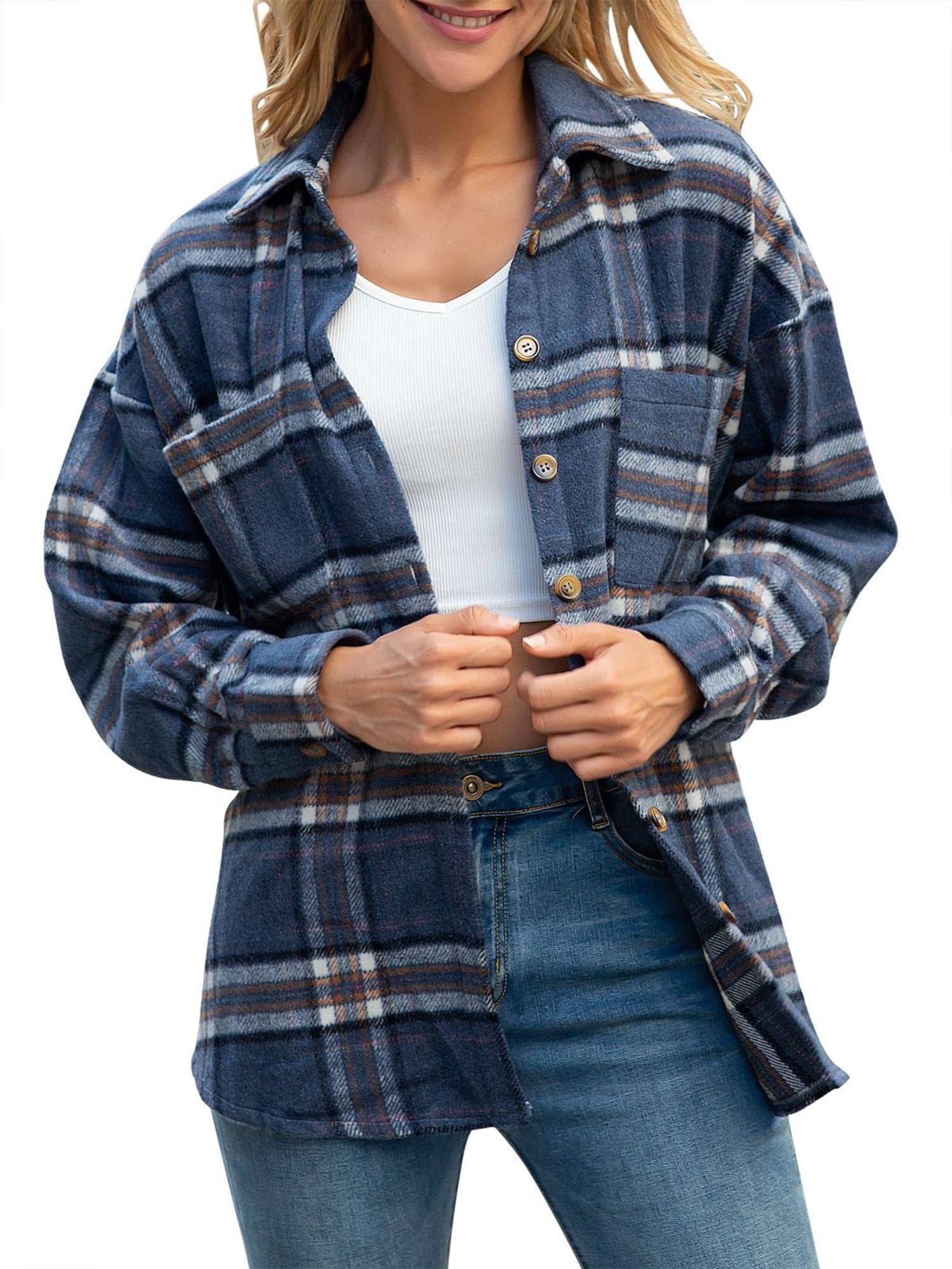 Licupiee Women Oversized Flannel Plaid Shirts Long Sleeve Button Down  Shacket Lapel Fall Plaid Jacket Shirt Blouse Tops