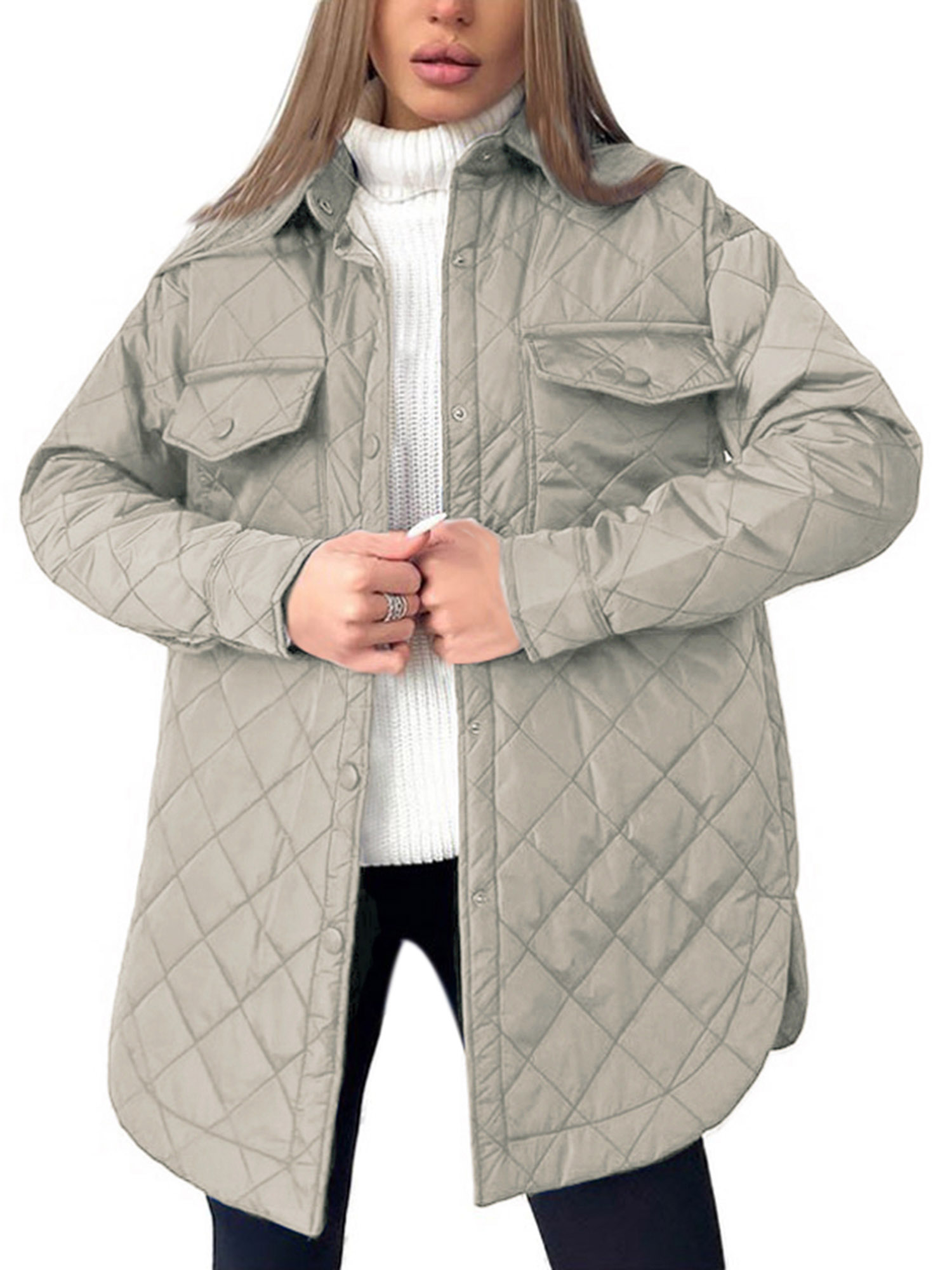 Licupiee Women Quilted Jacket with Belt Lightweight Casual Warm Solid Single Breasted Long Sleeve Outwears Overcoat Streetwear - image 1 of 3