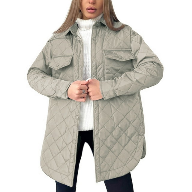 Licupiee Women Quilted Jacket with Belt Lightweight Casual Warm Solid Single Breasted Long Sleeve Outwears Overcoat Streetwear
