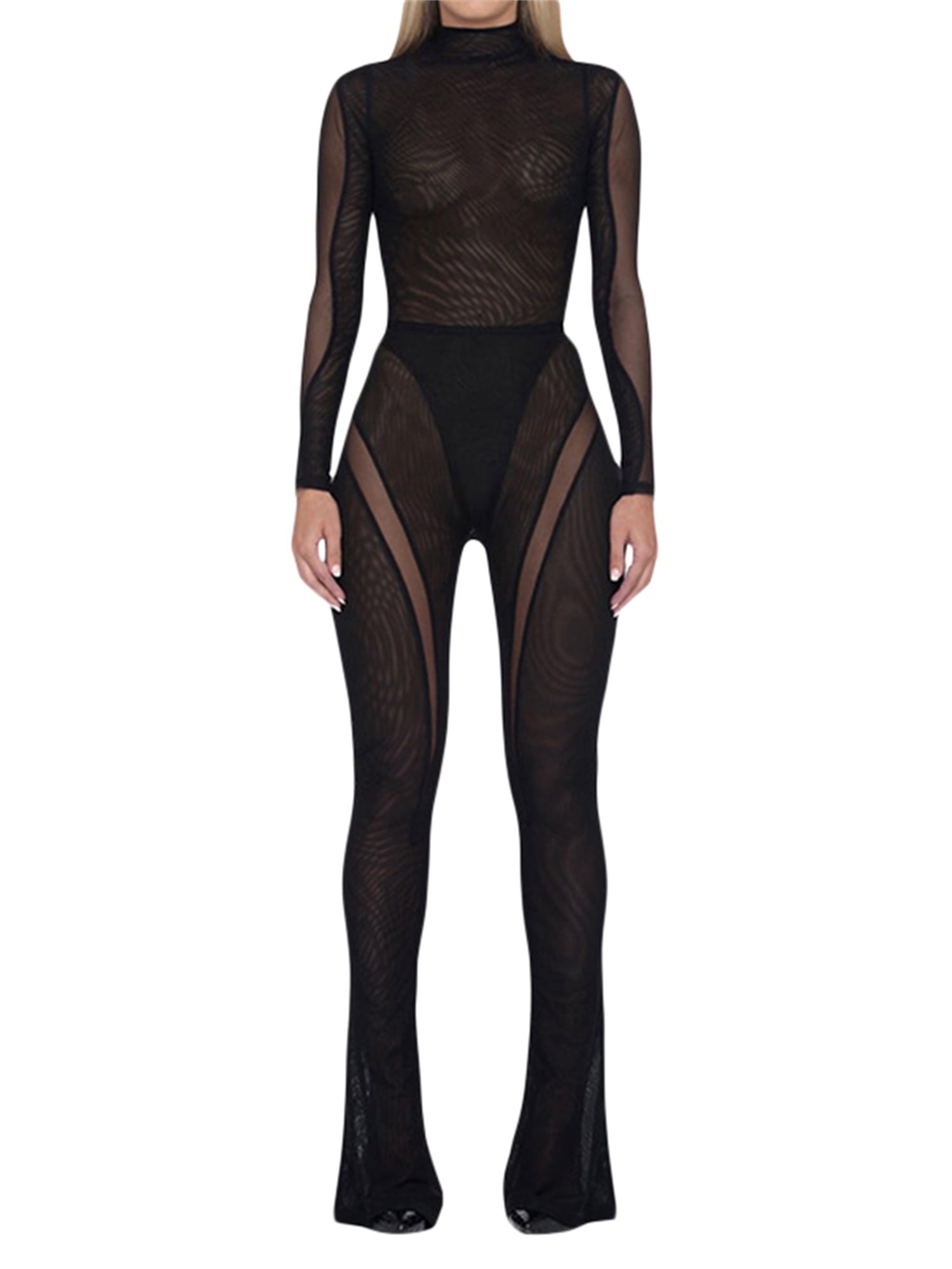 Licupiee Women Sexy Hollow Out Bodycon Jumpsuit Long Sleeve Mesh Sheer