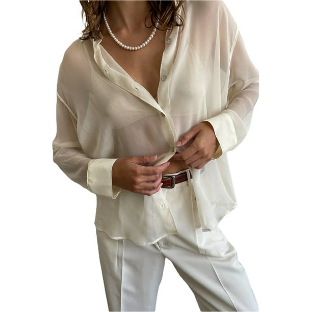 Licupiee Women Sheer Button Up Blouse See Through Long Sleeve V Neck