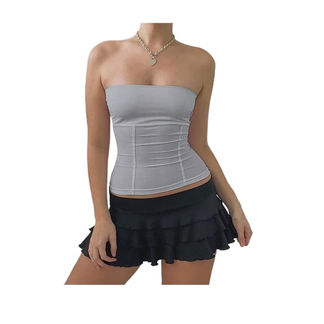 Licupiee Women Sleeveless Strapless Tube Tops Solid Color Backless Slim