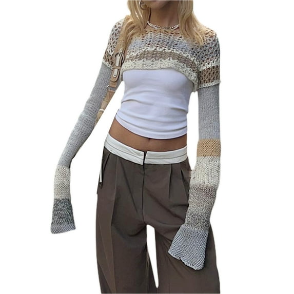 Licupiee Women Y2K Crochet Knit Sweater Crop Tops Long Sleeve Round Neck Hollow-Out Sweater Tops Streetwear