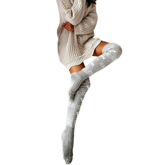 Licupiee Women's Christmas Socks Christmas Thigh High Socks, Snowflake Print Knit Over The Knee Stockings for Fall Winter