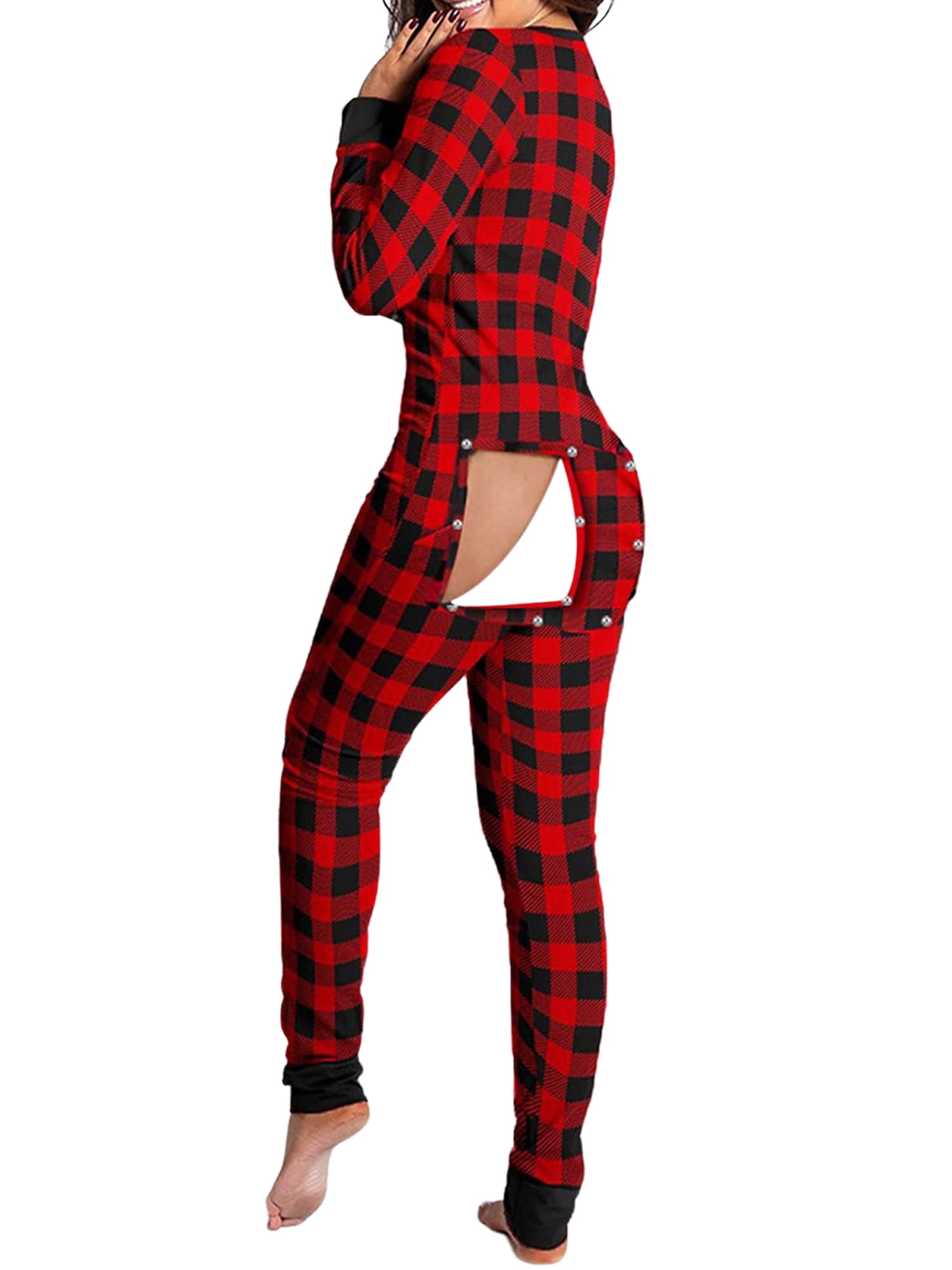 Licupiee Women s Sexy Deep V Neck Onesie Pajamas Jumpsuit Bodycon Long Sleeve Rompers Home Sleepwear Butt Flap pjs Walmart Business Supplies
