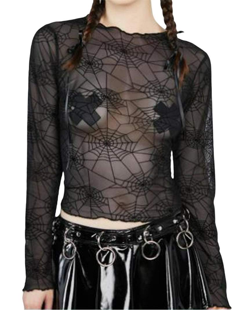 Licupiee Women's Sheer Mesh Top Grunge Y2K Top Long Sleeve