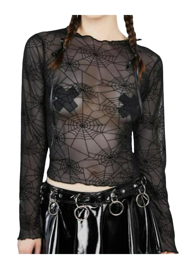 Women's Sheer Mesh Top Grunge Y2K Top Long Sleeve Crew Neck Spider Web Print T-Shirt Black