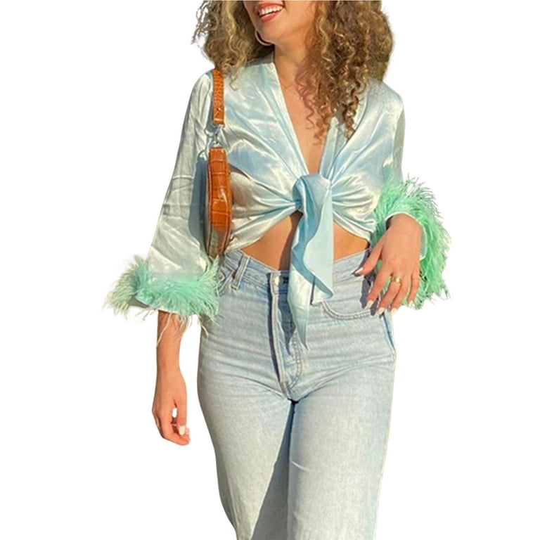 Licupiee Women's Vintage Satin Cropped Long Sleeve Shirt Feather Trim Flare Sleeve Cuffs Lapel Blouse Tops E-Girl Streetwear