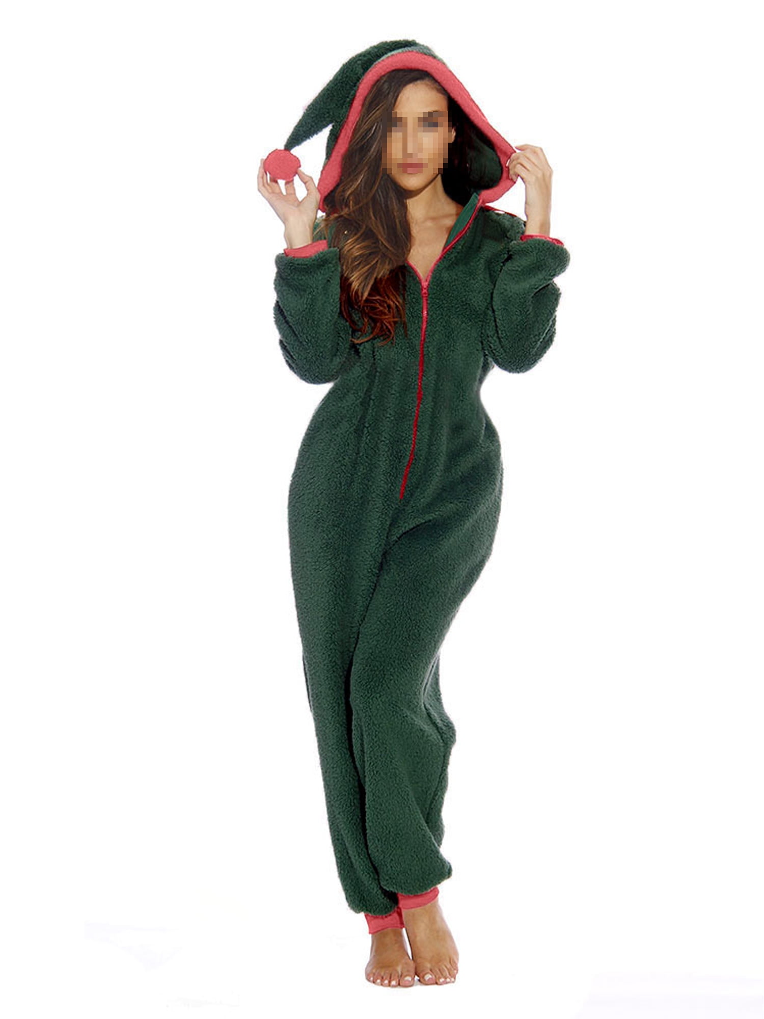 Licupiee Womens One Piece Christmas Pajamas Zipup Hoodie Plush Long