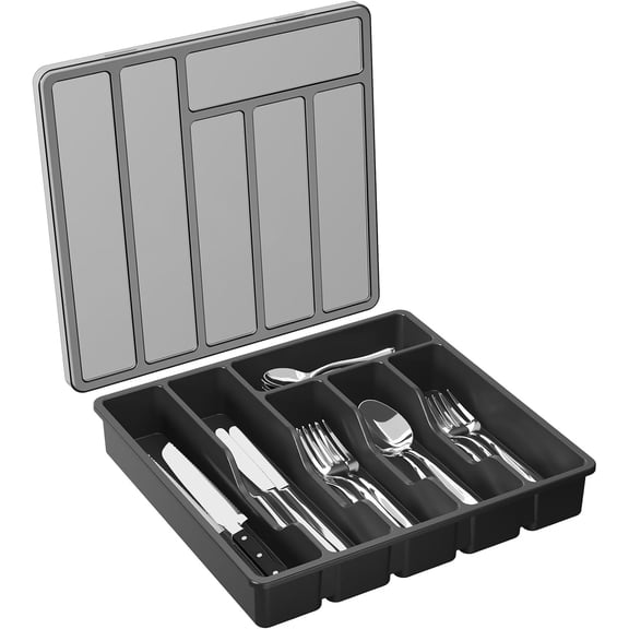 with Lid, Covered Utensil Tray for Kitchen Drawer and Countertop, Plastic Cutlery and Flatware Storage Box for Spoons Forks Knives Holder Case, 12.6x11.8", Black