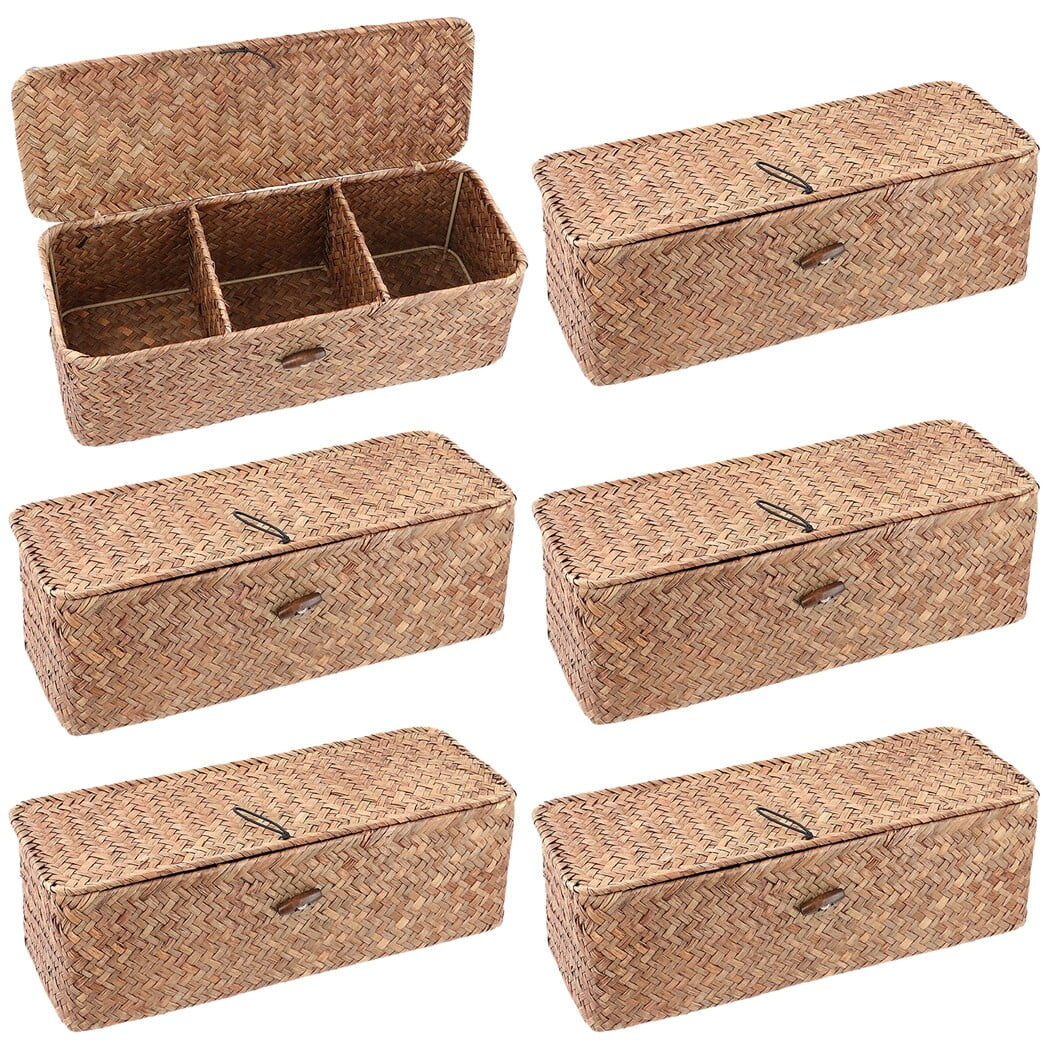 Lidtopped Wicker Seagrass Baskets, Rustic Woven Storage Containers for