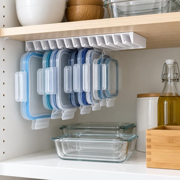 LidLoft 10-Slot Lid Organizer for Food Container Covers, Under-Shelf Cabinet Storage Holder with Upright Dividers and Dual Mounting