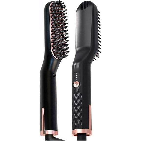 Lidasen Pro 2-in-1 Ionic Styler | Ceramic-Tourmaline Beard & Hair Straightener Brush, 30s Fast Heat & 3D Anti-Scald for Men/Women (Matte Black