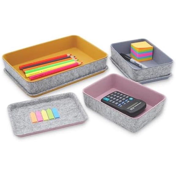 Lidded Felt Drawer Organizer Bin with lids Desktop Stackable Organizer Storage box for crafts office supplies pen notes Junk Makeup Stationery Organize 3-Pack ( Curry+Dusty rose +Glacier gray)