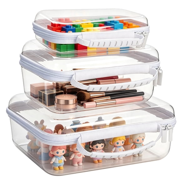 3 PCS Clear Hard Shell Zipper Cases, Transparent Plastic Storage Boxes for Makeup Toiletry Travel, Portable Waterproof PET Organizer Bins, Clear Cosmetic Storage Case Set