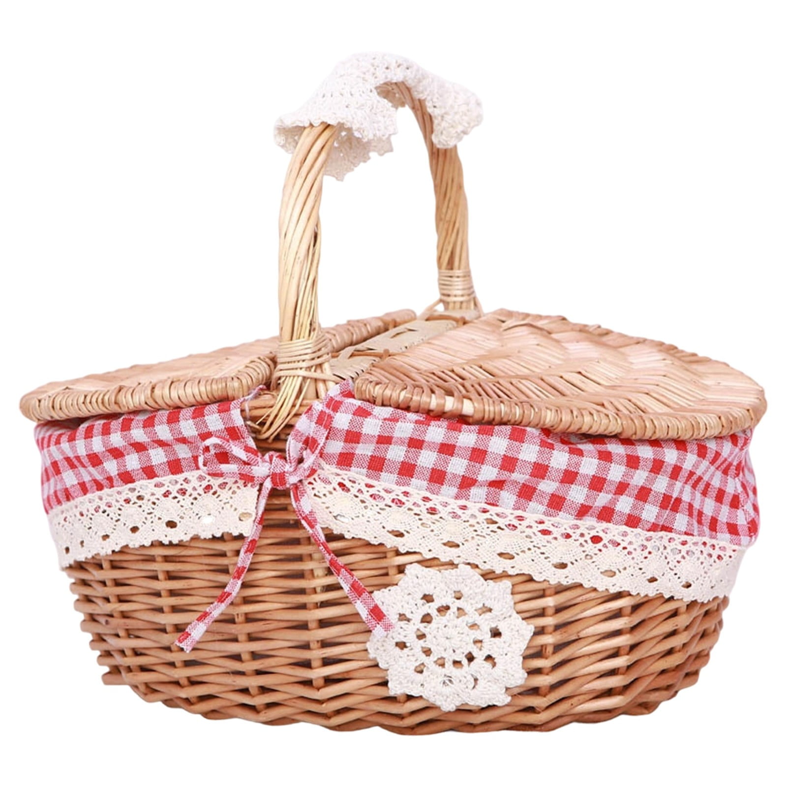 Lidded Oval Picnic Basket, Multi Functional Handle Basket, Ideal for Outdoor Adventures, Photography, Home Decor, Gift Basket for Valentine's Day, Easter, Parties & Celebrations, 10x7x5.9in