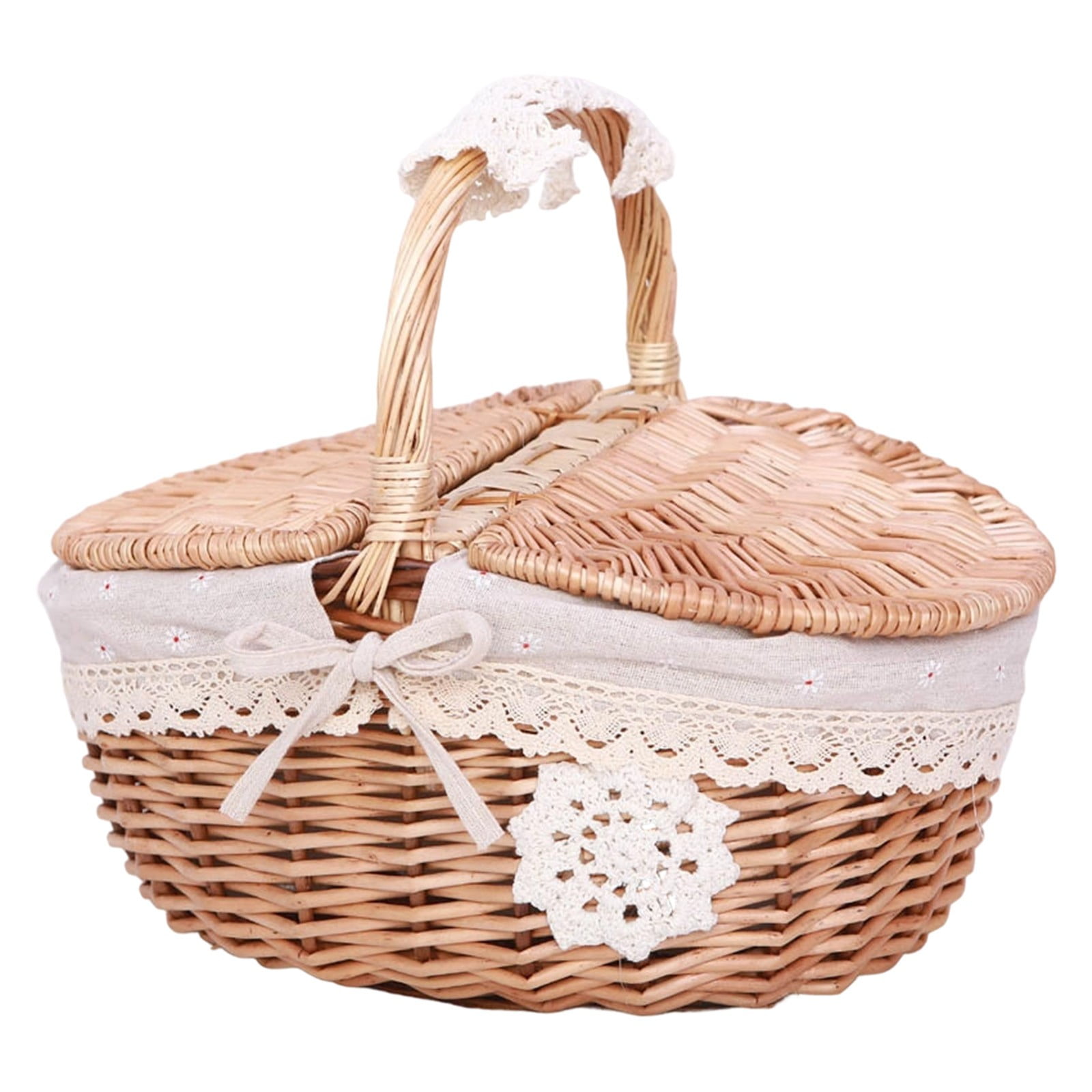 Lidded Oval Picnic Basket, Multi Functional Handle Basket, Ideal for Outdoor Adventures, Photography, Home Decor, Gift Basket for Valentine's Day, Easter, Parties & Celebrations, 10x7x5.9in