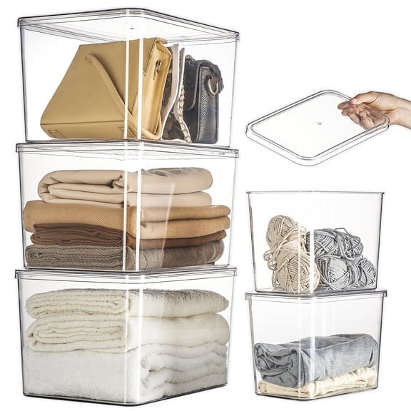 Lidded Plastic Storage Bins Set Clear Desk Basket Box Organizer Kitchen Container Clothes Laundry Closet Cabinet Shelf, Organization and Storage for Shelves Office Bathroom(clear 3XL+2M)