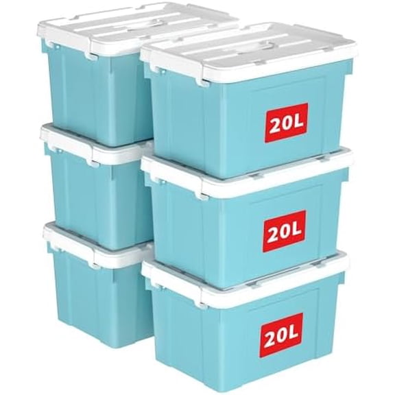 Lidded Storage Bin with Handle, Tote Organizing Container with Durable Lid and Secure Latching Buckles, Stackable and Nestable, Plastic, 25 Quart-6 Pack, Blue