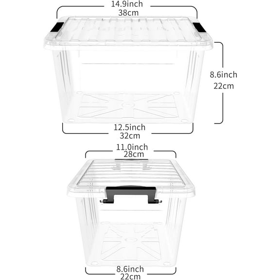 Lidded Storage Bin, Stackable Plastic Storage Box with Snap Lock Lid, Clear, 18 Quart, Pack of 6
