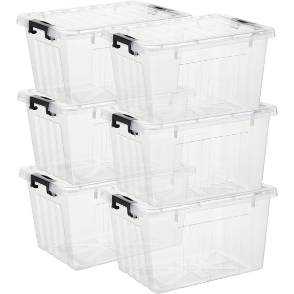Lidded Storage Bin, Stackable Storage Box with Lid and Snap Lock, Clear Platsic Bin for Dorm, Bedroom, Closet, 18 Quart, Pack of 6