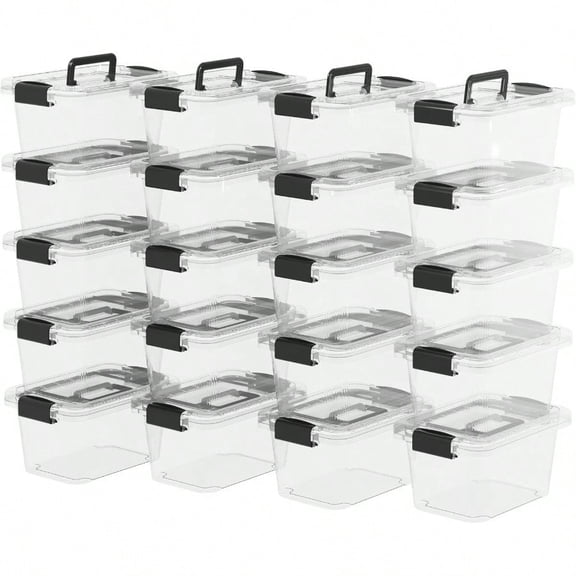 Lidded Storage Bin Tote Organizing Container with Handle and Buckles Stackable Plastic Clear 6.8Qt Pack of 20