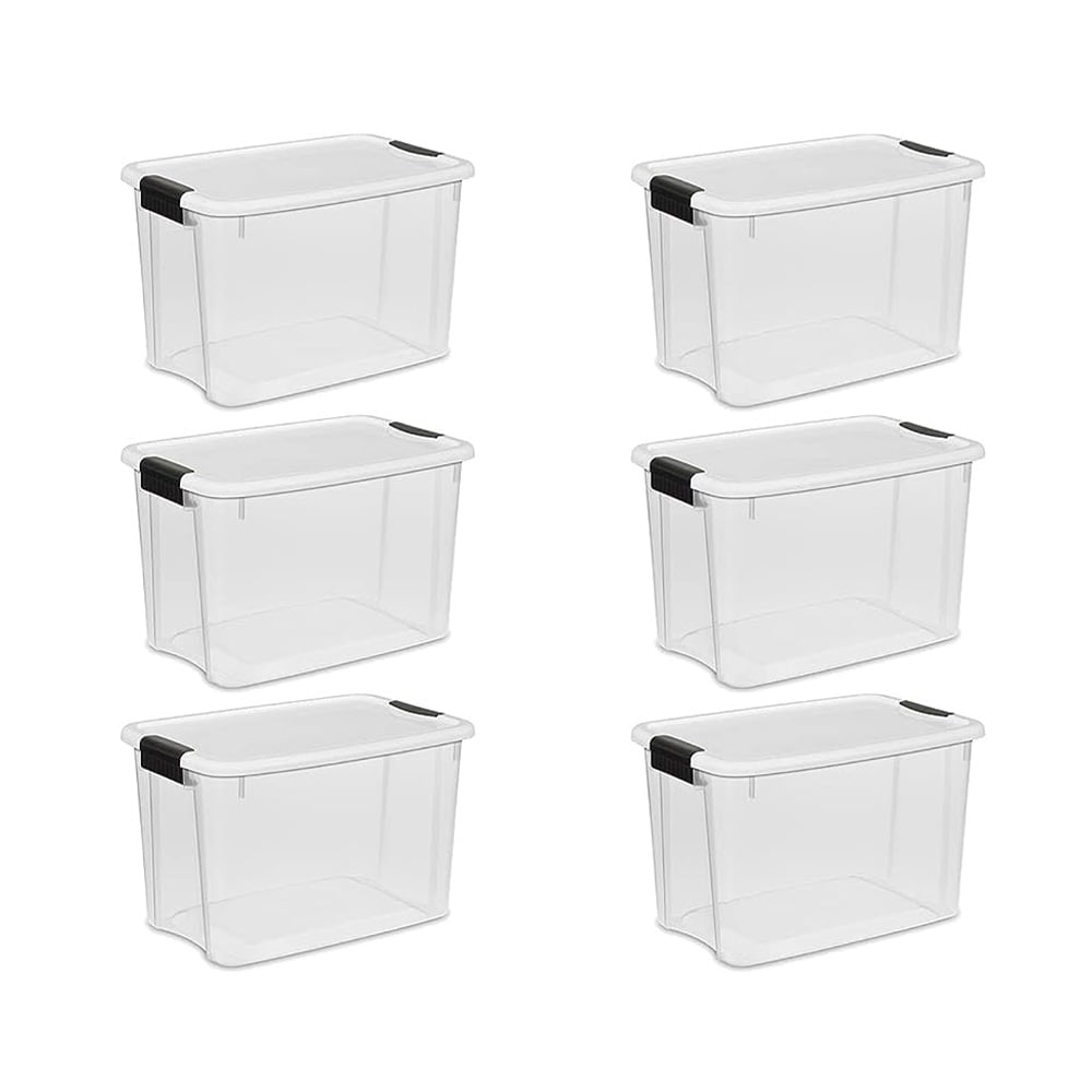 Lidded Storage Bins, 30 Quart Heavy Duty Plastic Containers with White Latching Lid Organizing