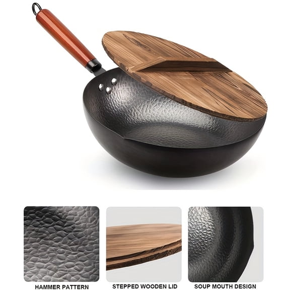 Lided wok - Non stick, heat-resistant cooking surface - Multi functional wok suitable for all stoves, including convenient cooking and cooking utensils accessories, 12.6 inches