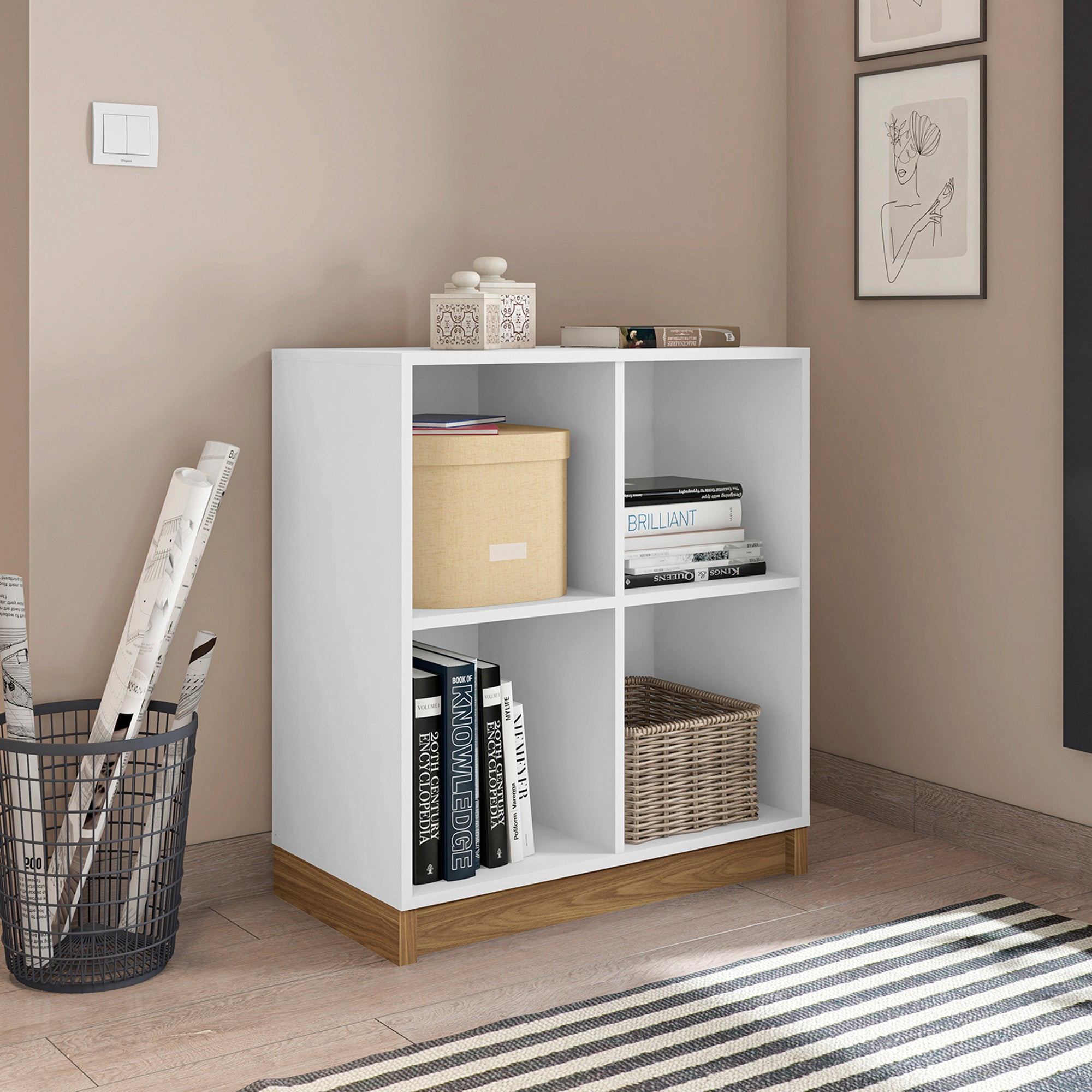 Lider Design Modern Low Bookshelf with 4 shelves from Cube Collection White