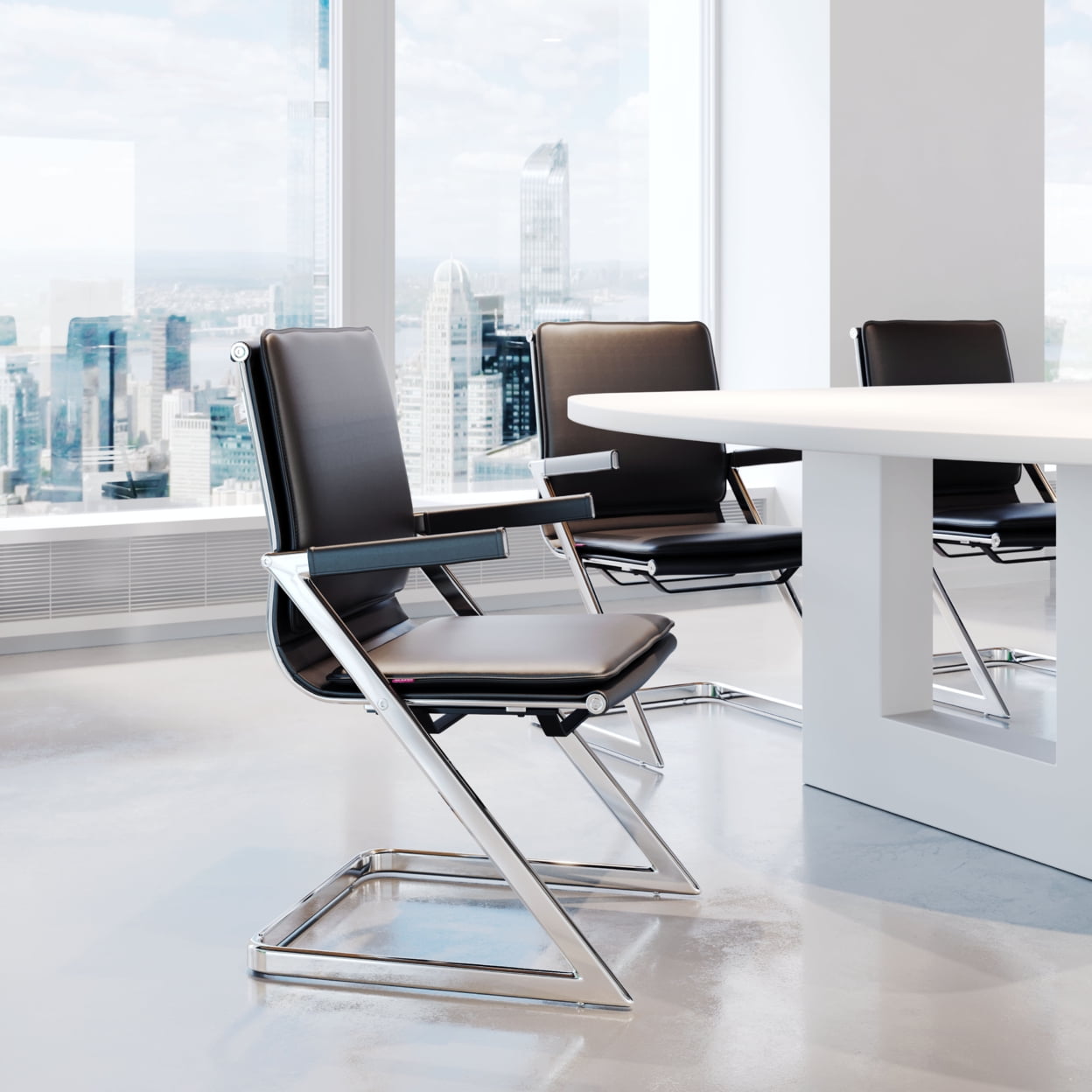 Contemporary Black Leather Arm Chair with Chromed Steel Frame