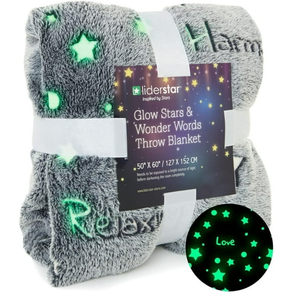 Liderstar Glow in The Dark Throw Blanket with Stars Plush Blanket for Kids and Adults Gray 50 x 60 inches