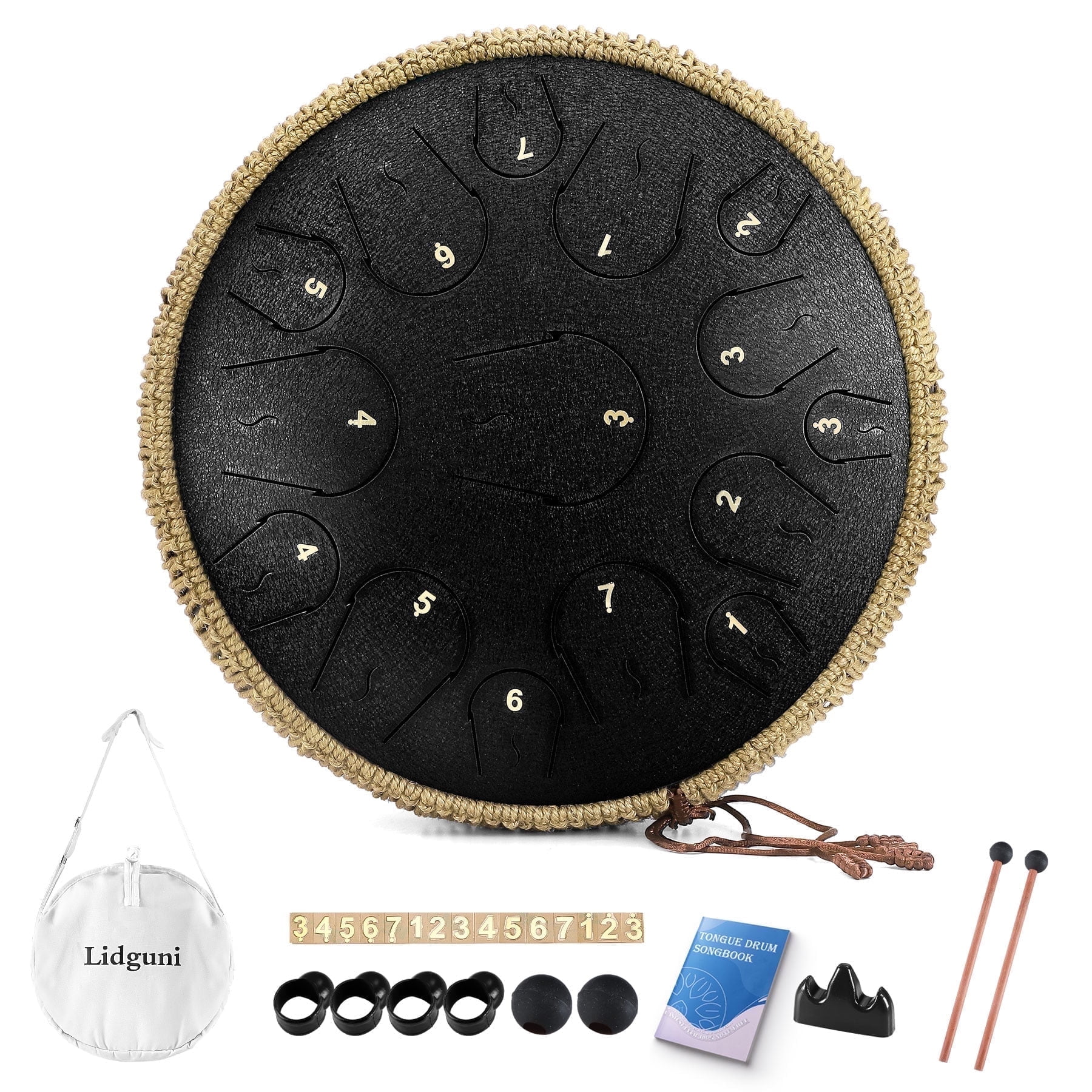 Lidguni 14" 15 Notes Rain Drum for Adults, Tongue Pan Drums with Carry Bag, C Major, Black