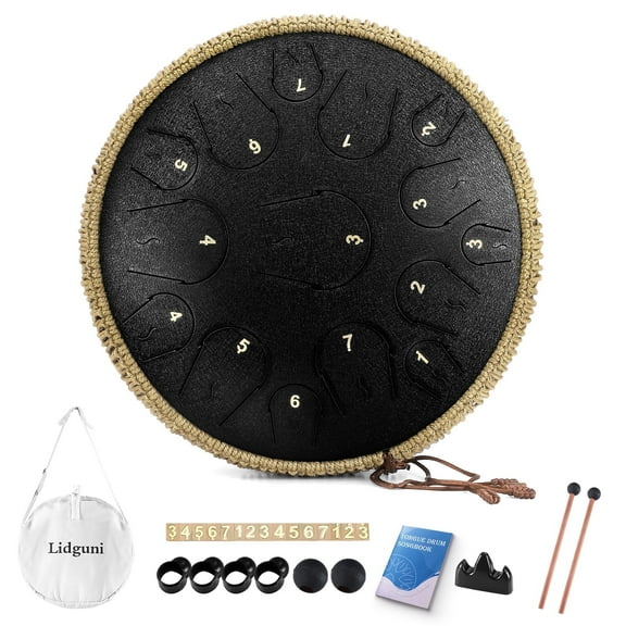 Lidguni 14" 15 Notes Rain Drum for Adults, Tongue Pan Drums with Carry Bag, C Major, Black