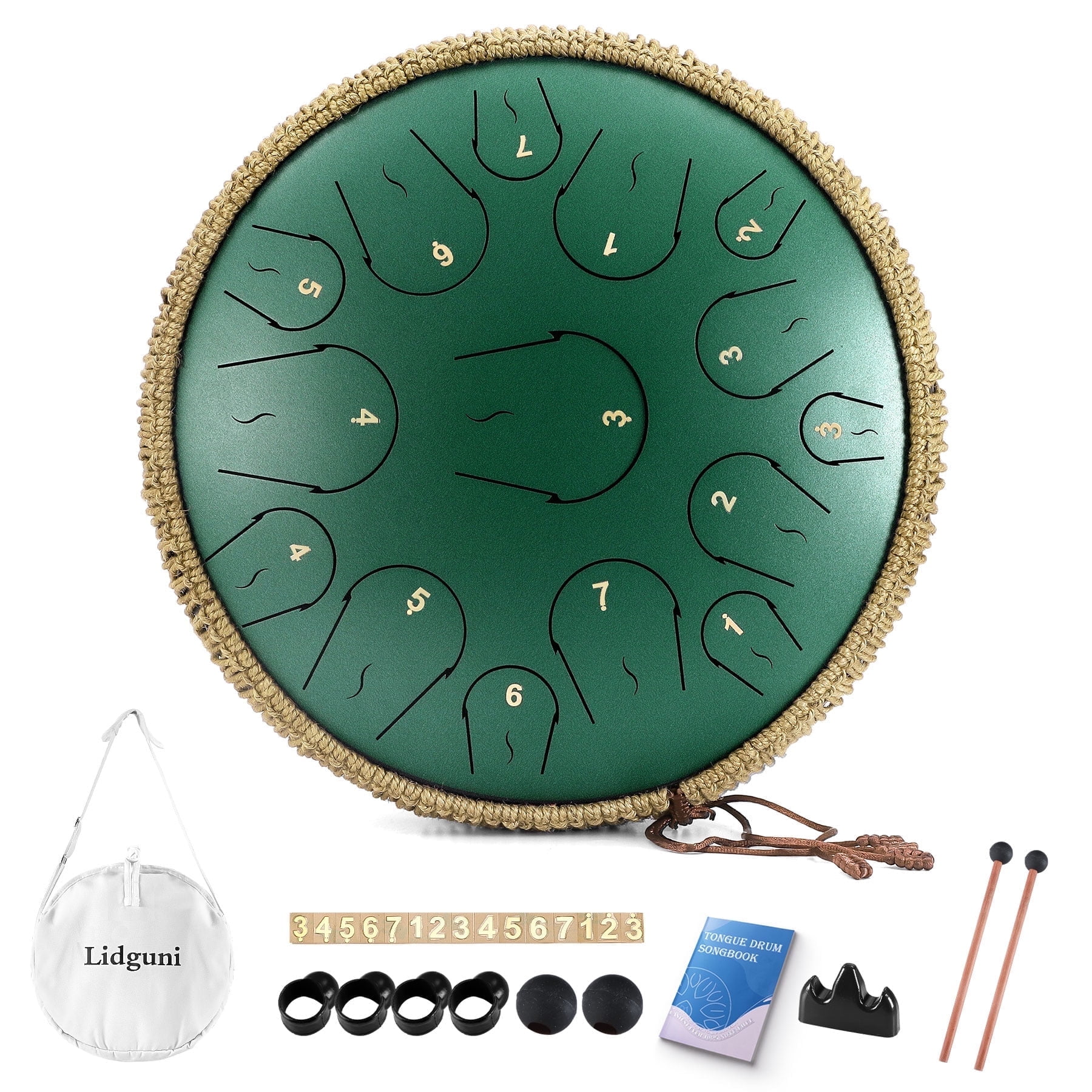 Lidguni 14" 15 Notes Rain Drum for Adults, Tongue Pan Drums with Carry Bag, C Major, Green
