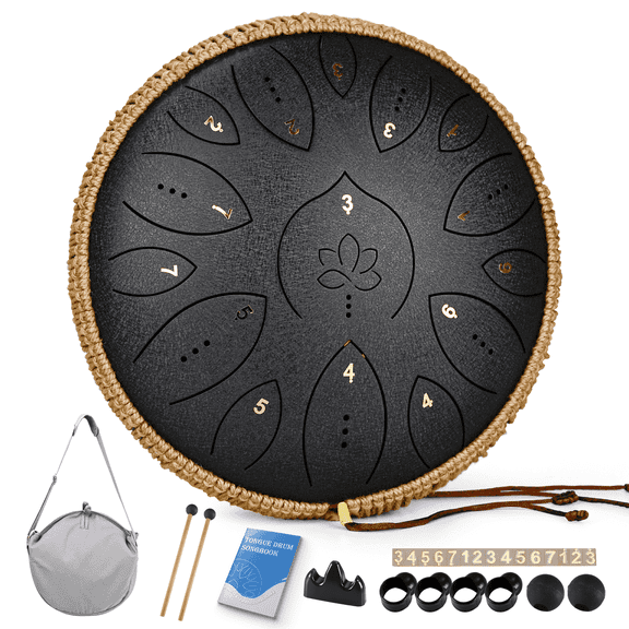 Lidguni Steel Tongue Drum 13" 15-Notes Tongue Pan Drums for Adults, C Major, Black