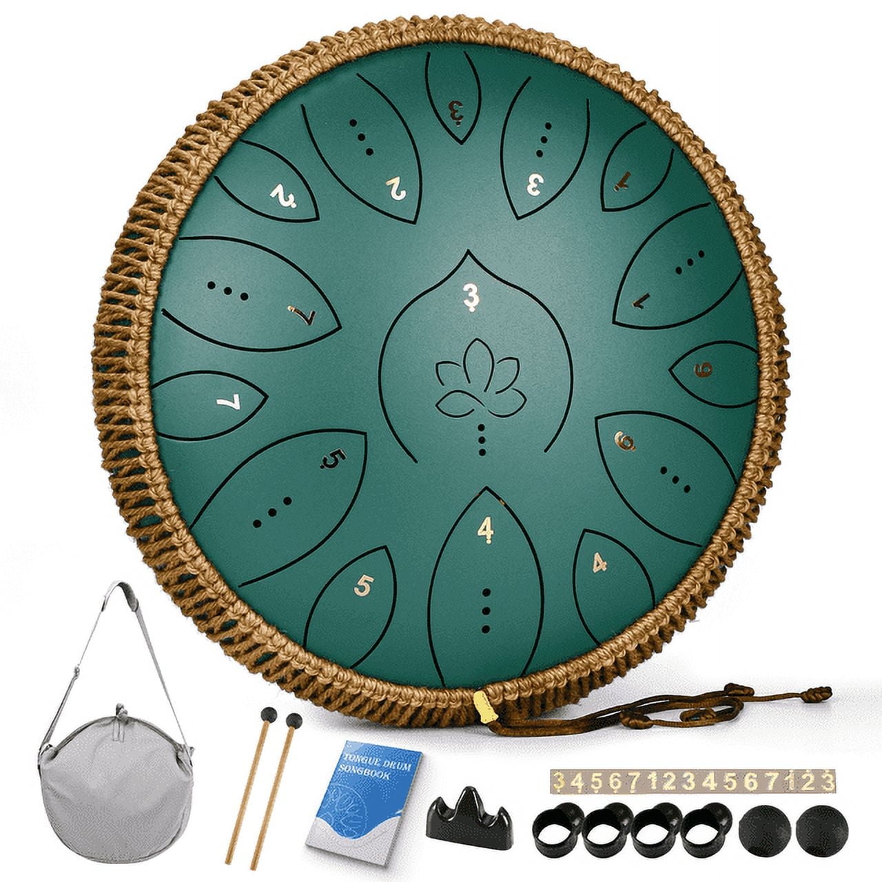 Lidguni Steel Tongue Drum 13" 15-Notes Tongue Pan Drums for Adults, C Major, Green