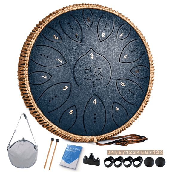 Lidguni Steel Tongue Drum 13" 15-Notes Tongue Pan Drums for Adults, C Major, Navy Blue