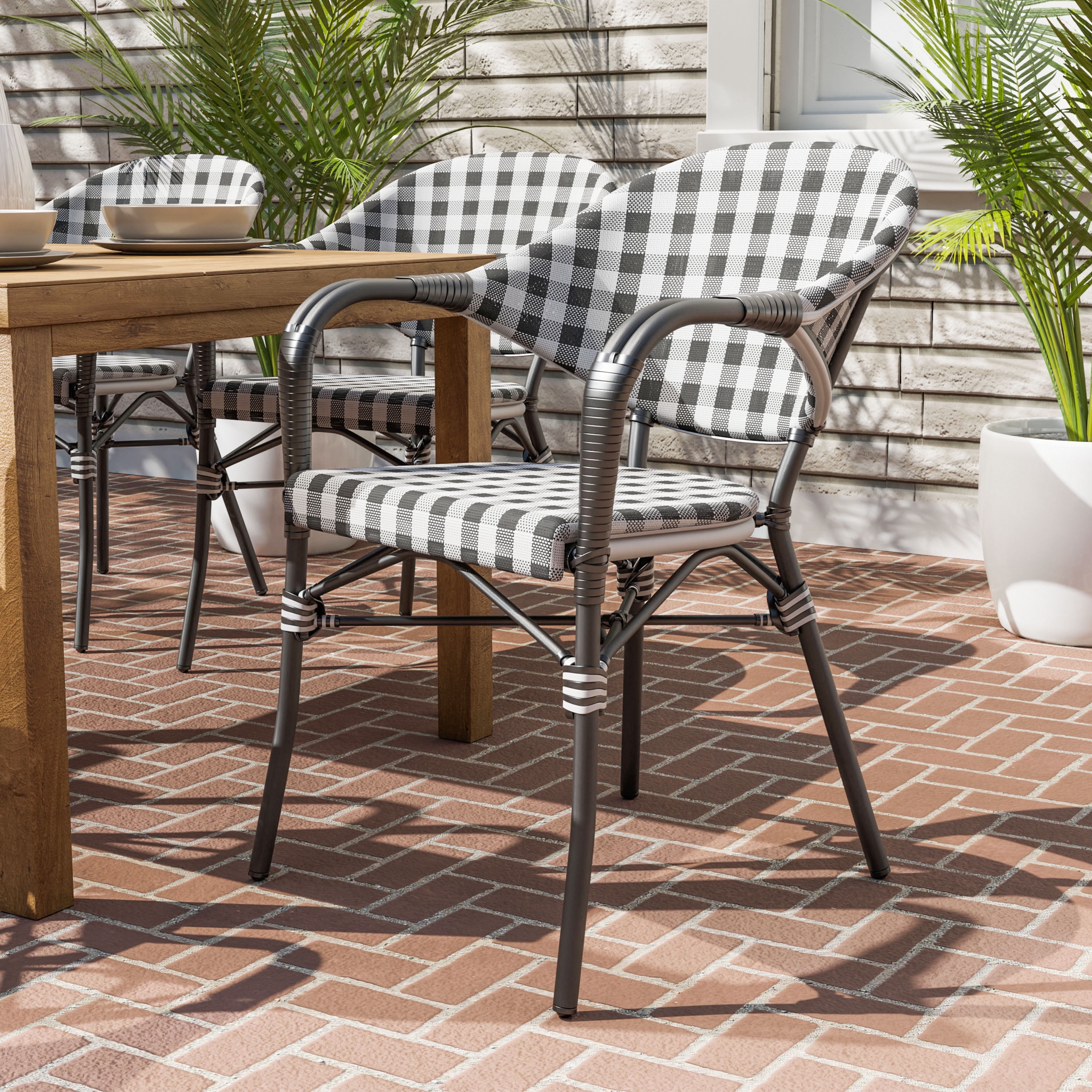 Black and White Aluminum Wicker Coastal Dining Arm Chairs, Set of 2