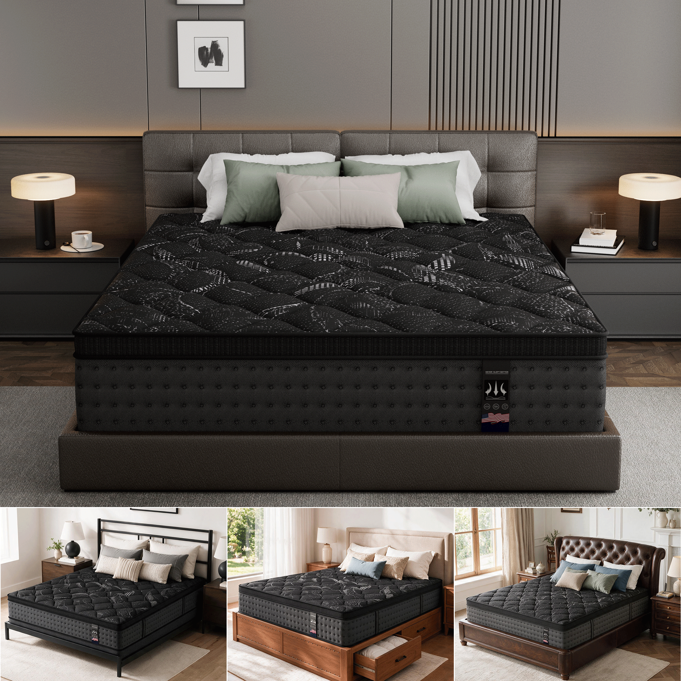 Lidnsejr 14" King Size Hybrid Mattress, Medium Firm Euro Top Mattress in a Box, Motion Isolation, Pressure & Back Pain Relief, Black
