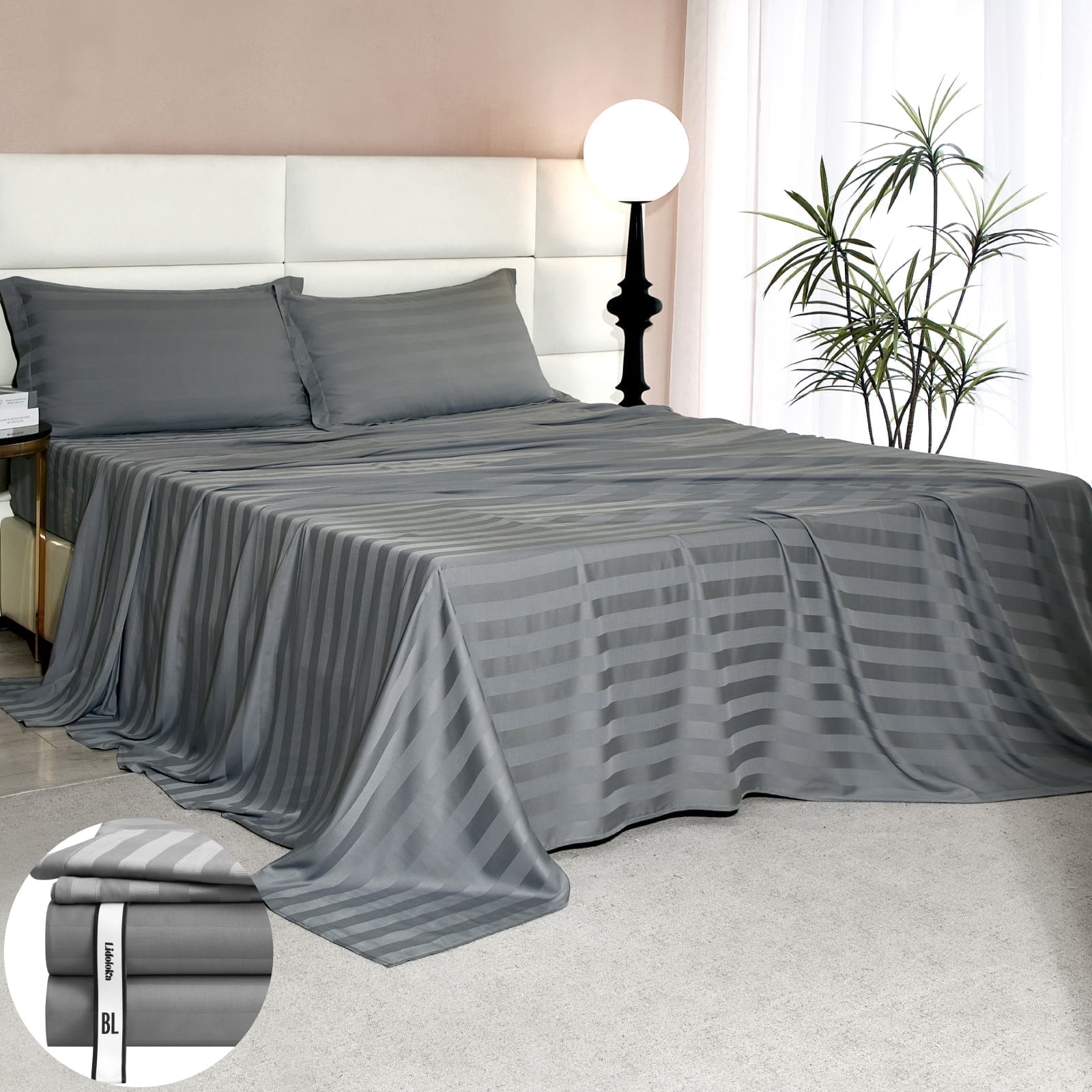 Lidoloka Luxury 100% Bamboo Bed Sheets Set King Size 4Pcs for Adult,16"Deep Pocket,Striped Gray