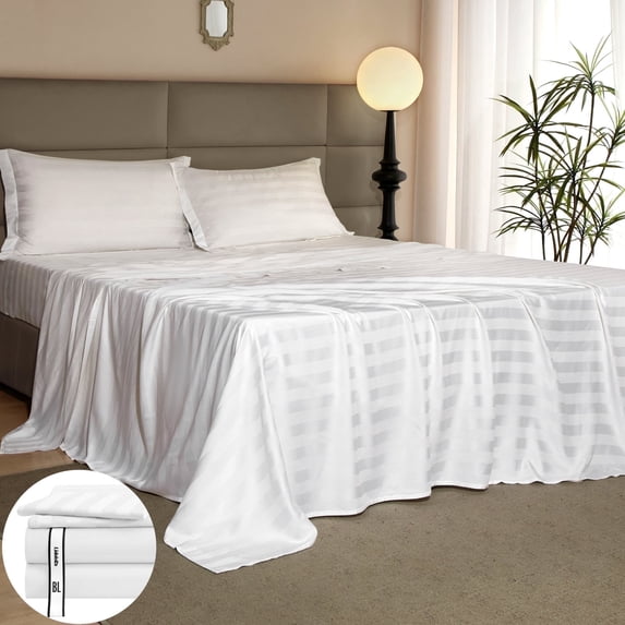 Lidoloka Luxury 100% Bamboo Bed Sheets Set King Size 4Pcs for Adult,16"Deep Pocket,Striped White