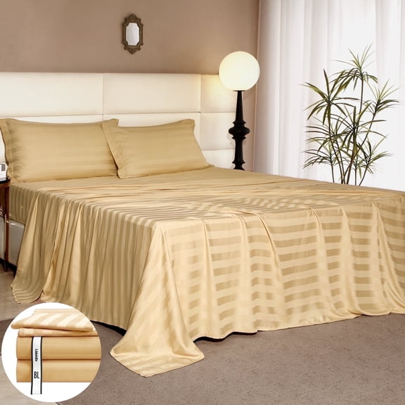 Lidoloka Luxury 100% Bamboo Bed Sheets Set Queen Size 4Pcs for Adult,16"Deep Pocket,Striped Champagne