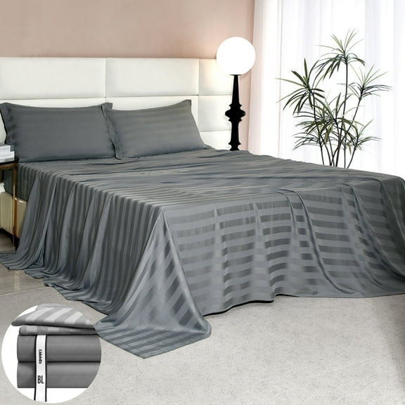 Lidoloka Luxury 100% Bamboo Bed Sheets Set Queen Size 4Pcs for Adult,16"Deep Pocket,Striped Gray