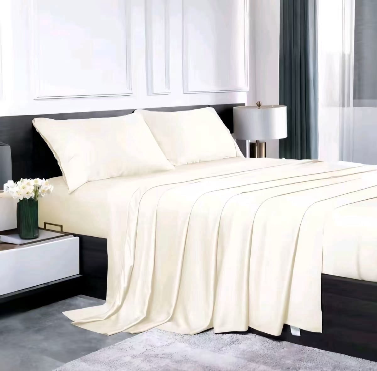 Lidoloka Luxury Bamboo Bed Sheets Set King 4 Pcs for Adult,Soft&Cool,16" Deep Pocket,Cream White