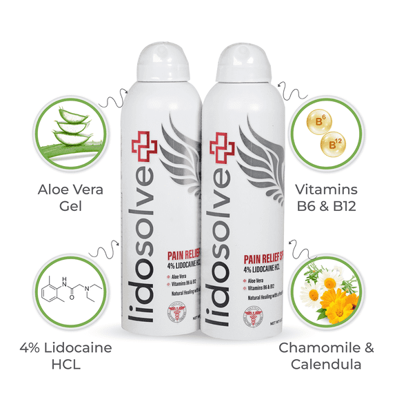 Lidosolve+ Pain Relief Spray, Natural, 4% Lidocaine, B12 & B6, Vanilla, Aloe Vera, 2-Pack