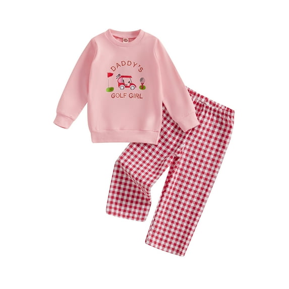Lids Little Girl Golf Outfit 3 4 5 6 Years Letter Print Long Sleeve Pullover Sweatshirt Plaid Elastic Waist Pants 2 Piece Clothing Set