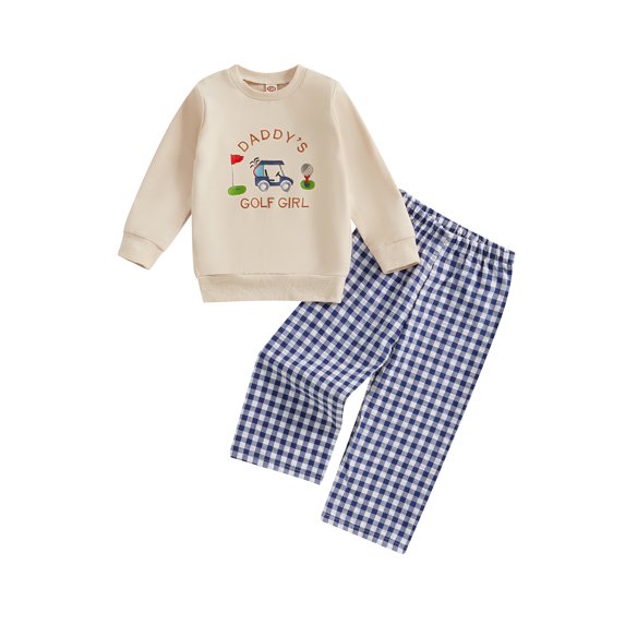 Lids Little Girl Golf Outfit 3 4 5 6 Years Letter Print Long Sleeve Pullover Sweatshirt Plaid Elastic Waist Pants 2 Piece Clothing Set