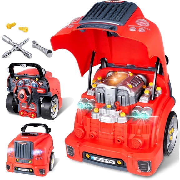 LieGorJi Interactive Red Truck Engine Toys, Kids Machinics Set wIth Lights & Sounds, Pretend Creativity Car for Boys & Girls, Birthday Gifts for 1-3 3-5 5-8 Year Old