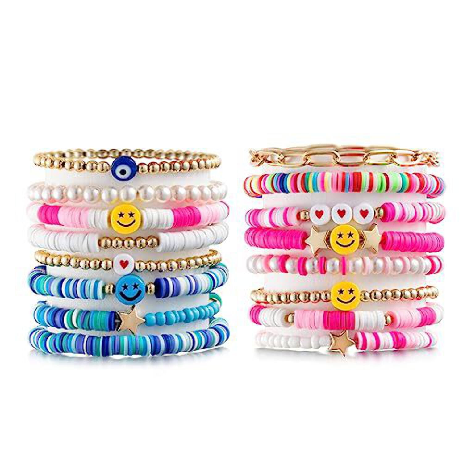 UNKNOWN LieToi 16Pcs Preppy Heishi Bracelets Set Colorful Smile Heart Star Evil Eye Beaded Polymer Clay Pearl Stackable Charm Y2K Kidcore Summer Beach Bohemian Layering Jewelry for Women Girls Teens